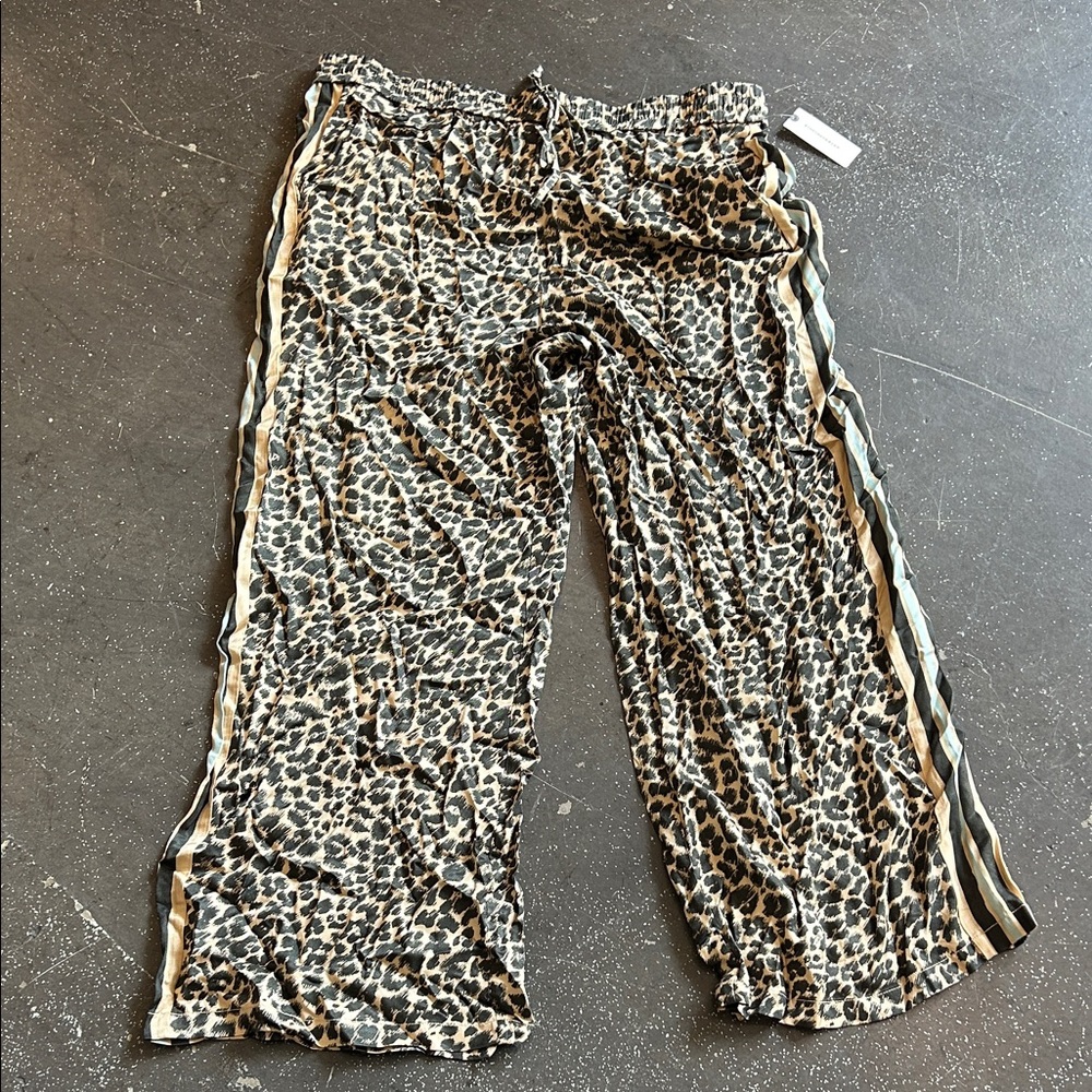 Maeve XL Leopard Print Wide-Leg Pants with Side Stripes - Beige/Black